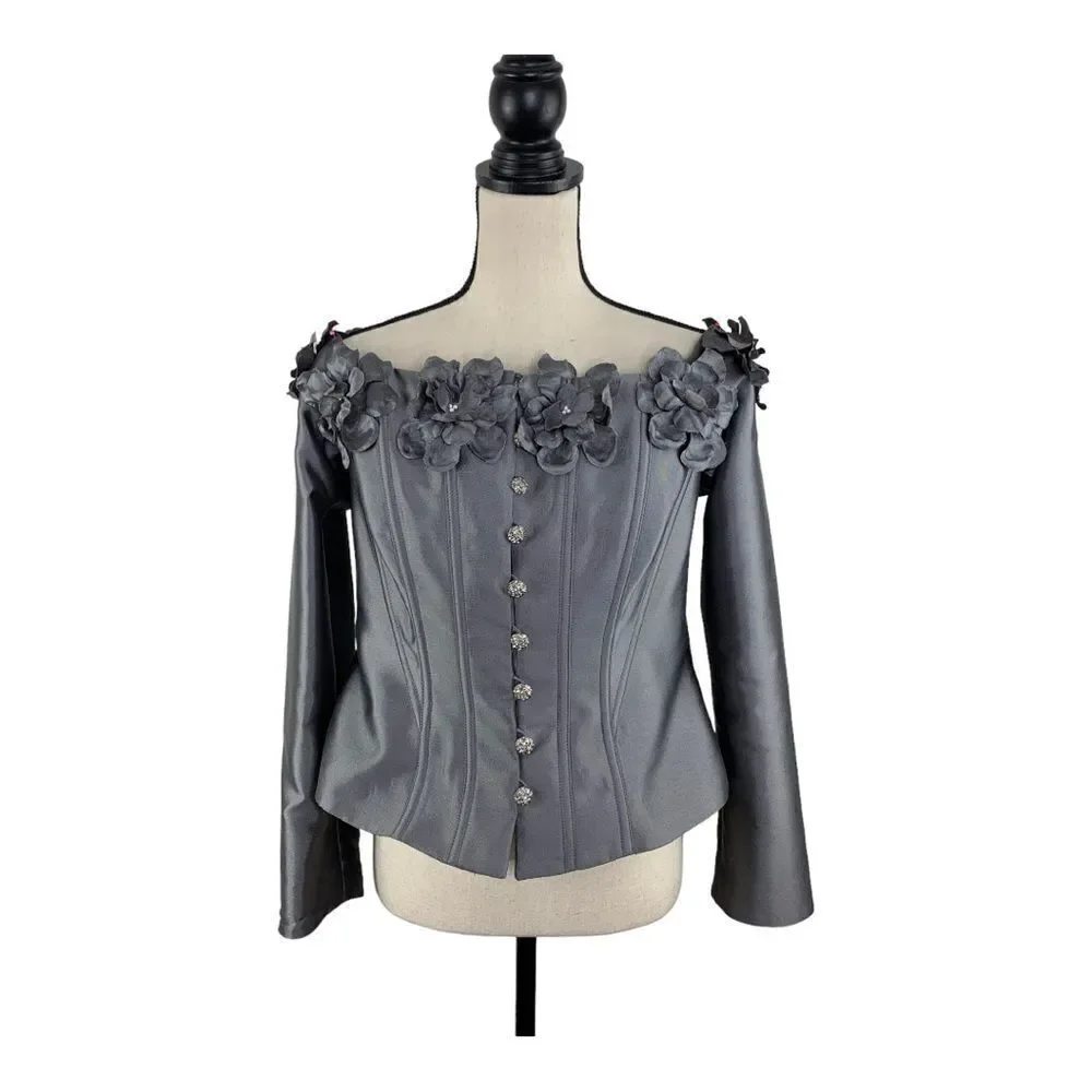 Gigi’s Closet Bridal‎ Evening Bustier Off-the-Shoulder Gray Satin Jacket XL